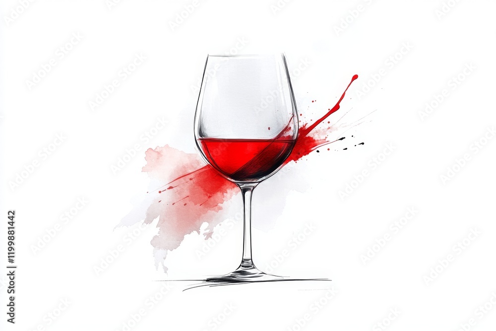 Poster a minimalist line drawing of a wine glass, with a single bold stroke and a splash of red inside, set