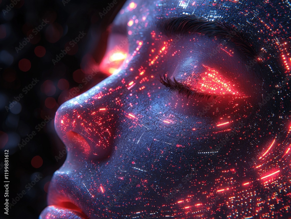 Poster close-up of a face with glowing red lines resembling circuitry. this futuristic image could be used 