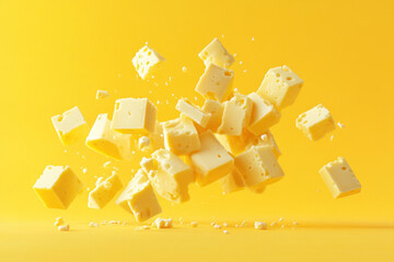 Pile of cheese on yellow background, vibrant colors contrasting, inviting a culinary feast.