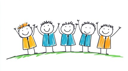 Fototapeta premium Happy Children Standing Together with Hands Raised in Cheerful Outdoor Environment