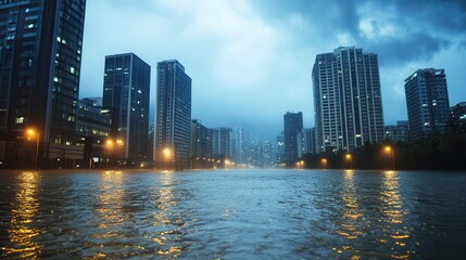 Naklejka premium Hurricane Devastation Flooded Urban Street Cityscape Photo Dark Atmosphere Aerial View Natural Disaster