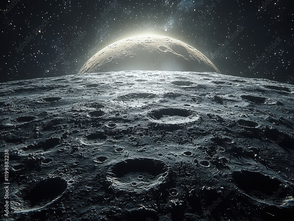 Poster a breathtaking view of a cratered moonscape with a planet rising over the horizon. ideal for space e