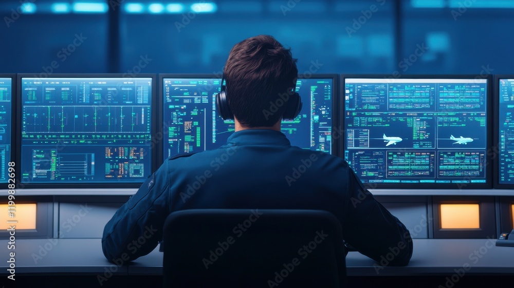 Poster a focused operator monitors multiple screens in a control room.