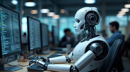 Advanced humanoid robot in an office, sitting at a desk and working on a computer, human-like features made of white or light metal, modern office environment with computers, monitors, and presentatio