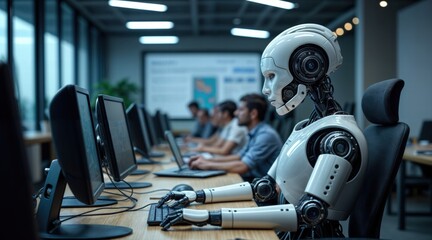 Futuristic humanoid robot working at a desk in an office, humanoid design with head, body, and arms, interacting with a computer, office setting with desks, computers, and office chairs in the backgro
