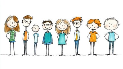 Diverse group of happy cartoon characters standing together with cheerful expressions in a colorful illustration