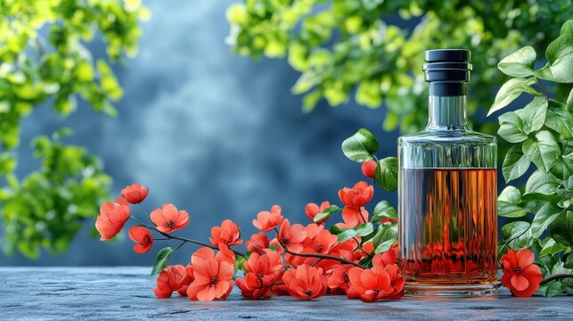 Springtime Elixir: A Still Life of Blossoms and Amber Liquid