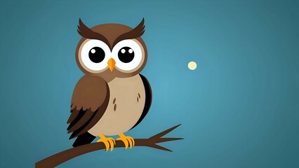 Fototapeta premium Adorable cartoon owl perched on a branch against a serene blue sky, perfect for children's books, websites, or branding.