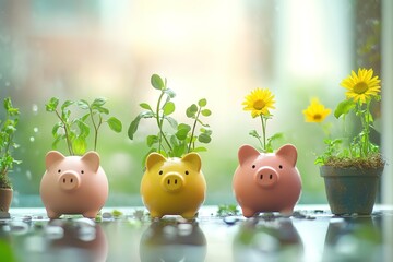 Piggy banks with growing plants, symbolizing savings and growth.