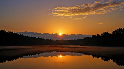Fototapeta premium Serene sunrise over tranquil lake, mirrored reflection, golden hour, calm water, misty morning, peaceful landscape.