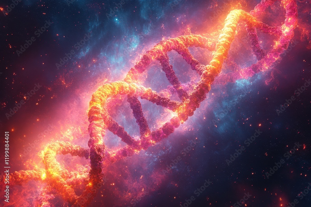Poster colorful representation of dna helix floating in a cosmic environment filled with stars and nebulous