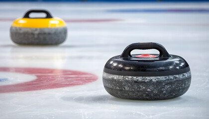 Curling stones on the ice rink with sweeping lines in a competitive atmosphere
