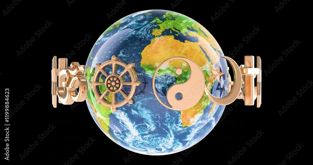 Poster religions symbols around the earth globe, animation seamlessly loopable. 3d rendering isolated on tr