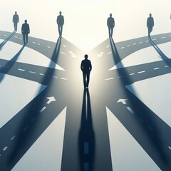 Visual A person standing at a crossroads with each path leading