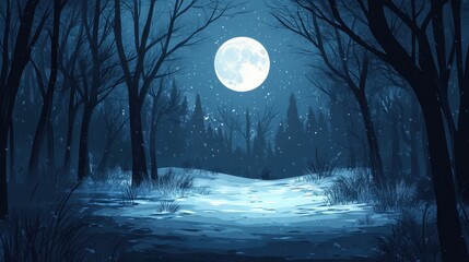 Naklejka premium Winter Forest Moonlight Scene Snow Falling Trees