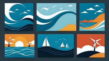 Abstract seascape collage six vibrant panels depict ocean waves, sailboats, windmills, and sunsets; perfect for travel, nautical, or nature themes.
