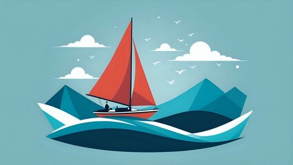 Naklejka premium Sailboat on the ocean, minimalist design, stylized waves and mountains, calm sea, red sail, blue sky, white clouds, birds flying. Perfect for travel, adventure, freedom, and relaxation themes.