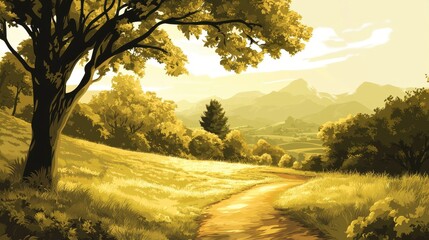 Obraz premium Serene Countryside Path Winding Through Golden Hills