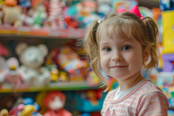 Generative AI image of a cheerful child enjoying a visit to a colorful toy store