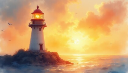 Digital Painting: Lighthouse on Rocky Outcrop Against Golden Sunset Sea