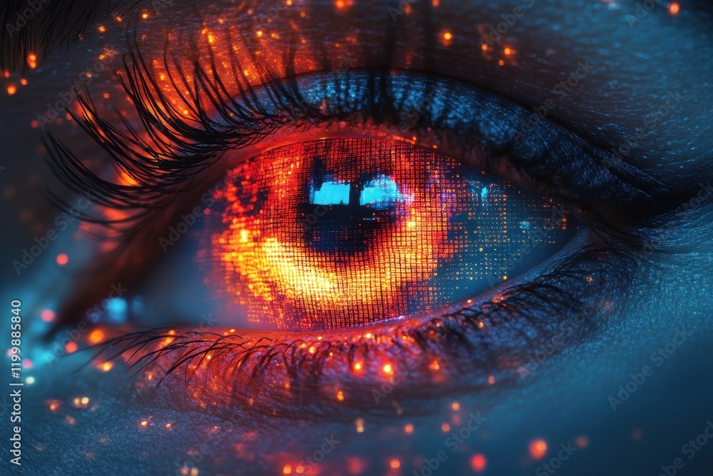 Poster eye display of vibrant colors and digital patterns reflects creativity and technology in a surreal r