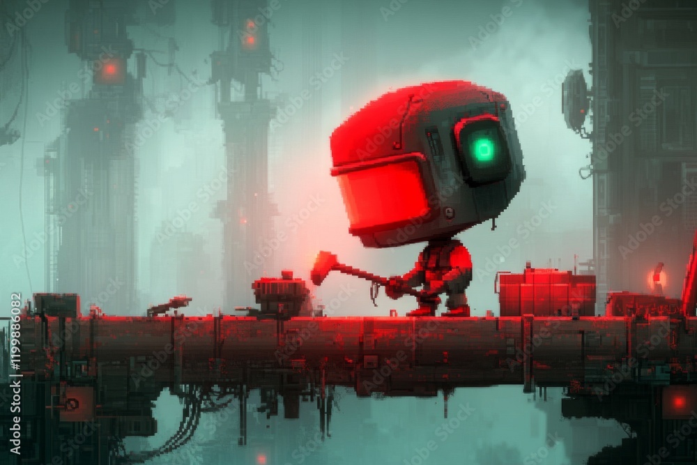 Poster a pixel art construction worker hammering nails into a wooden beam, surrounded by tiny animated tool