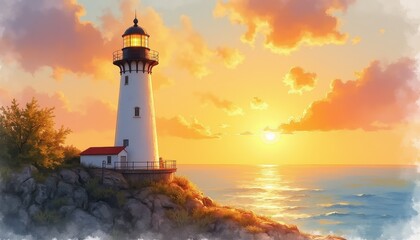 Fototapeta premium Digital Painting: Lighthouse amidst Greenery and Tranquil Water with Warm Sunset Sky