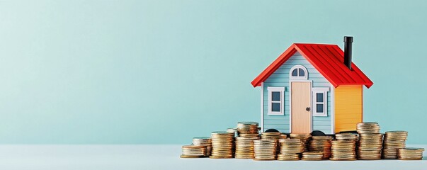 A miniature house model surrounded by stacked coins symbolizing wealth.