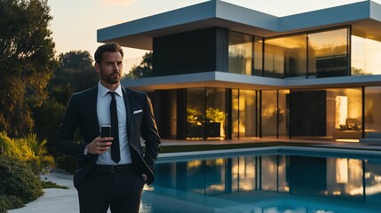 businessman in a sharp suit, standing in front of a minimalist luxury home with a glass wall, holding a smartphone and wearing an exclusive leather watch, surrounded by lush sparkling pool