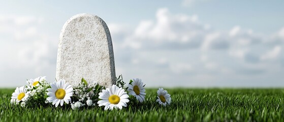 Simple headstone with daisies in grassy field under a cloudy sky.