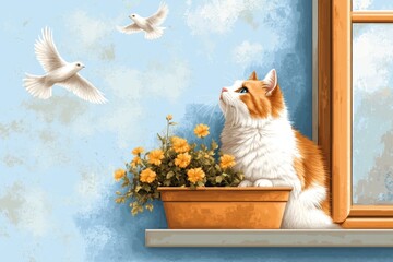 A pixel art rendition of a small window with a flower box below, a cat sitting on the sill, and pixelated birds flying outside against a blue sky