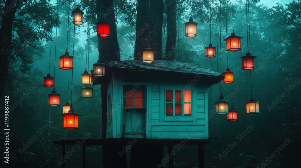 Poster off-grid living, a whimsical treehouse surrounded by glowing lanterns, set in a misty forest creatin