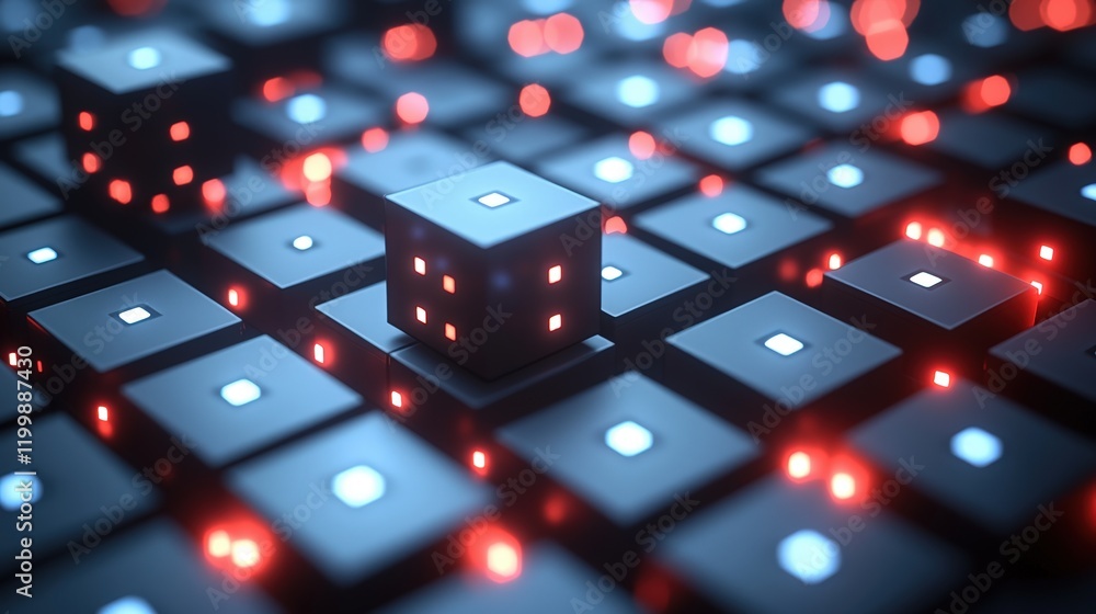 Poster dark metallic cubes with glowing red and blue lights create a futuristic technological or abstract d