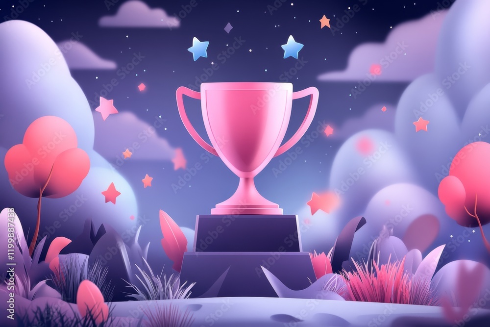 Aufkleber A pixel art trophy on a podium surrounded by animated sparkling stars and cheering pixelated characters, set in a retro-style game scene