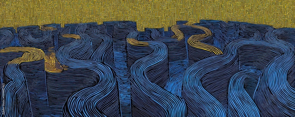 Poster abstract artistic representation of flowing blue colors and patterns.