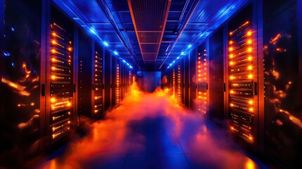Futuristic data center with illuminated servers and mist effects.
