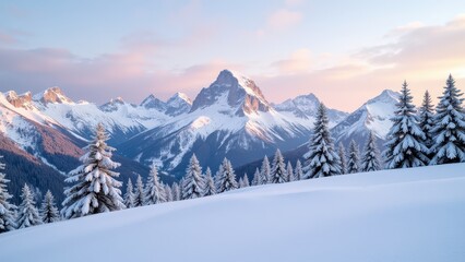 Fototapeta premium Breathtaking panorama of a snow-draped mountain range framed by snowy pines to the right, set against an expansive outdoor backdrop