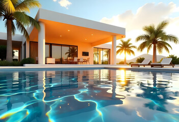 A modern villa with large glass windows and a flat roof, surrounded by palm trees. The scene features a swimming pool reflecting the vibrant colors of a sunset with orange and blue hues in the sky