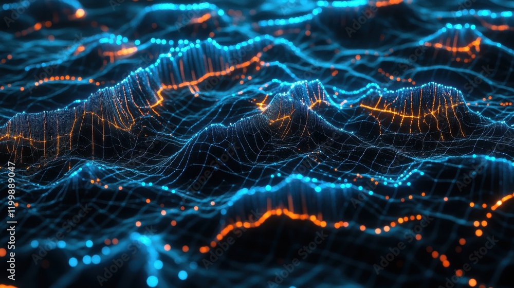 Poster abstract visualization of flowing waves in blue and orange hues, creating a dynamic digital landscap