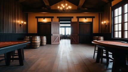 A spacious game room with wooden tables and rustic decor.