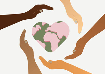 Diverse Hands Protecting Heart Earth Global Unity Illustration. Unity, diversity, and environmental protection. Eco-friendly love. Valentine or wedding. Flat style. Vector illustration