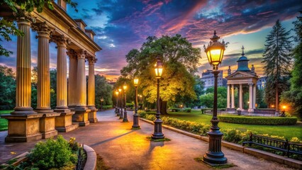 Fototapeta premium Blue sky graces a vintage park; majestic columns and antique lanterns frame the evening scene.