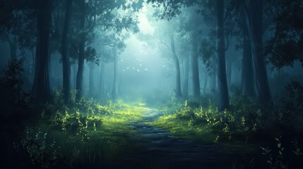 Obraz premium Mystical Forest Path Enveloped In Misty Dawn