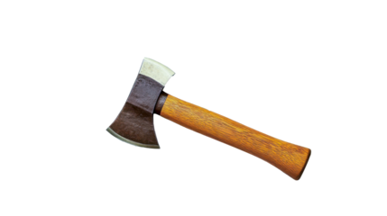 A small axe with a wooden handle and a silver metal head, isolated on a transparent background. The tool evokes camping, outdoors, chopping, and ruggedness.