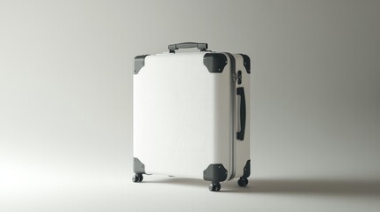 Minimalist white suitcase with subtle gray accents, positioned on a clean white background 