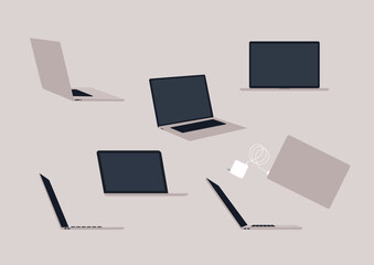 Arranged elegantly, this collection displays laptops captured from different angles, emphasizing sleek designs and modern aesthetics in a contemporary setting