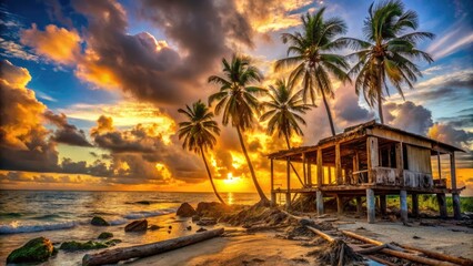 Naklejka premium Coastal ruin at sunset, coconut trees silhouetted against the vibrant golden hour sky.