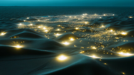 Glistening lights scattered across undulating hills under a twilight sky create a surreal landscape of wonder and mystery