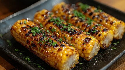 Grilled corn on cob, restaurant, closeup, herbs.