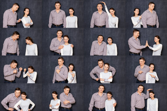 Concept of a young couple's relationship. A young couple of a guy and a girl maintains their relationship despite the different situations in their relationship